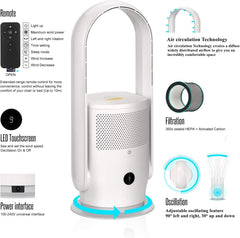 Rotorloser Ventilator mit Luftreiniger, Ultty Turmventilator Leise mit Fernbedienung, Touch, 8H Timer, HEPA-Filter 99,97%, 80cm 90° Oszillation Bladeless Fan für Schlafzimmer Heim, CR022 Weiß