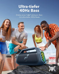 soundcore Boom 2 Plus Outdoor Lautsprecher, 140W, 2+2 Channel, BassUp 2.0, 20h, Schnellladung, IPX7 wasserdicht, RGB Lichter, USB-C, Power Bank, BT 5.3, tragbarer Bluetooth Lautsprecher, Camping