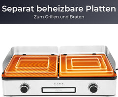 KLAMER Elektrogrill, antihaftbeschichtete und abnehmbare Duo-Platten, separate Temperatureinstellung, 5 Grillstufen, mit Wind-/ Spritzschutz & Auffangschale