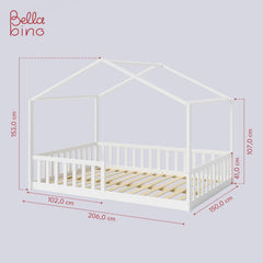 Bellabino Kinderbett Bia 140x200 cm, Hausbett Kinder inkl. Rausfallschutz und Rolllattenrost, Montessori Bodenbett weiß aus Massivholz Kiefer
