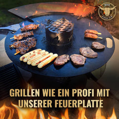 Feuerplatte für Kugelgrill Handgriffe 90 cm, 5 mm Stärke #921 – INKL. Grilleinsatz, Grillplatte für Feuertonne & Feuerschale, Massive Stahlplatte Plancha Grillring für BBQ & Teppanyaki
