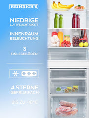Heinrichs Fridge Freezer Combination 175 Litres, Cooling Volume 122 L, Freezer 53 L, LED Interior Lighting, Fridge Door Hinge, Changeable, Quiet 39 dB, Large Freezer Boxes, 7 Temperature Levels, inox