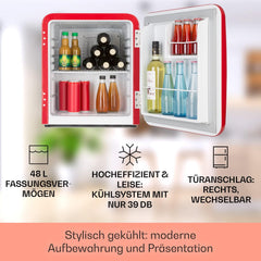 Klarstein Audrey Mini - kleiner Kühlschrank, kompakte Mini-Bar, freistehend, Kompressionskühlung, Fassungsvermögen, Kühlung: 0-10 °C, Mini-Kühlschrank mit 70 Liter Fassungsvermögen, rot