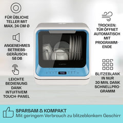 Klarstein ia Mini Geschirrspüler, Spülmaschine mit Platz für 2 Maßgedecke, 6 Programme, 5 L Wasser benötigt, LED-Display, Touch, Tischgeschirrspüler inkl. Zubehör, schwarz