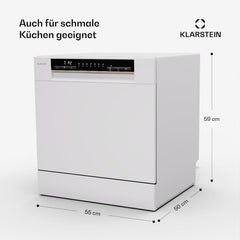 Klarstein ia 8 - Spülmaschine, Geschirrspüler, Freistehend, Teilintegriert, F, 55 cm breit, 8 Maßgedecke, 6 Programme, Aquastop, silber