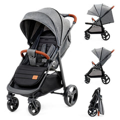 Kinderkraft GRANDE PLUS Kinderkraft buggy von Geburt bis 22 kg, Zusammenklappen mit einer Hand, Liegeposition, großes Verdeck mit Fenster, alle 4 Räder gedämpft, geräumige Sitz, Grau
