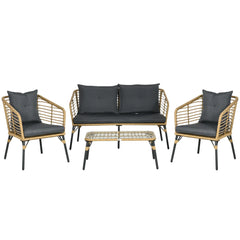 Outsunny Polyrattan Gartensofa-Set 4-tlg. Boho-Stil Glas-Couchtisch