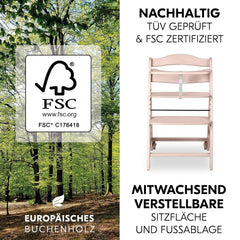 hauck Hochstuhl Beta+ Newborn Set Eco Bouncer - mitwachsender Holz Babyhochstuhl ab Geburt, inkl. Neugeborenenaufsatz, Sitzpolster und Essbrett - Dark Grey