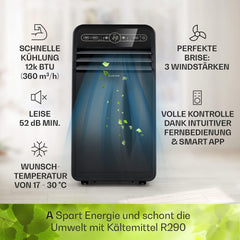 Klarstein Mobile Klimaanlage mit Abluftschlauch, 4-in-1 Klimagerät mit Ventilator, Luftentfeuchter & Nachtmodus, Kleine & Portable Klimaanlage für Wohnung & Büro, App-Steuerung, 12000 BTU