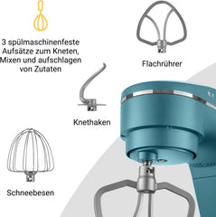 KLAMER Küchenmaschine 1800W, Knetmaschine mit 6 Liter Edelstahl Schüssel, 10 Geschwindigkeitsstufen mit Timer, Rührbesen, Knethaken, Schneebesen und Spritzschutz