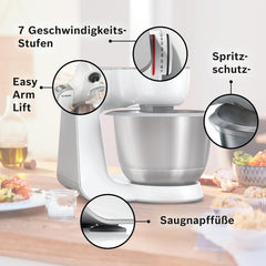 Bosch Küchenmaschine Serie 4 MUM58720,Edelstahl-Schüssel 3,9 L, Mixer 1,25 L, Planetenrührwerk,Knethaken,Schlag,Rührbesen, Durchlaufschnitzler, 3 Scheiben, 1000 W, Dunkelrot/Silber
