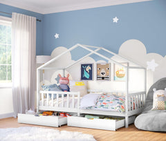 Bellabino Kinderbett Bia 140x200 cm, Hausbett Kinder inkl. Rausfallschutz und Rolllattenrost, Montessori Bodenbett weiß aus Massivholz Kiefer