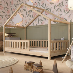 Crazy Pine Hausbett mit Schubladen 200x90 cm – Kinderbett aus Naturholz mit Rausfallschutz – Montessori Bodenbett mit zusätzlichen Stauraum und und Abnehmbarer Barriere - Crazy House