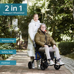 Geländegängiger 2-in-1-Rollator und Transportstuhl, zusammenklappbarer Rollstuhl mit luftlosen 10-Zoll-Rädern für Senioren, umkehrbare Rückenlehne und abnehmbare Fußstützen, blau