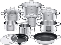 Silit Toskana Topfset induktionsgeeignet 10-teilig, Kochtopf Set mit Glasdeckel, Induktionskochtöpfe, Milchtopf, Dämpfer, Pfanne, Edelstahl teilmattiert, Induktions Töpfe Set unbeschichtet