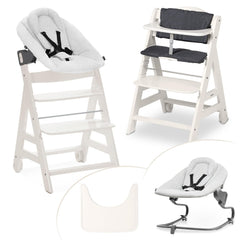 hauck Hochstuhl Beta+ Newborn Set Premium Dark Grey - Babyhochstuhl Set ab Geburt mit Neugeborenen Aufsatz Bouncer, Sitzpolster und Essbrett - Dark Grey
