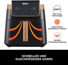 Ninja Heißluftfritteuse MAX PRO, 6,2 L, ölfrei, große Schublade, Rösten, Backen, Air Fry, Antihaftbeschichtet, Spülmaschinenfester Korb & Crisper Gittereinsatz, Silikonzange, Schwarz/Kupfer, AF180EUCP