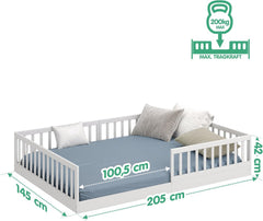 CADANI Timi 2in1 Bodenbett 140x200 cm Montessori Kinderbett mit abnehmbaren Rausfallschutz inkl. Lattenrost, Kiefer Massivholz, weiß - 3 Aufbauvarianten, bis 200 kg belastbar, umbaubar