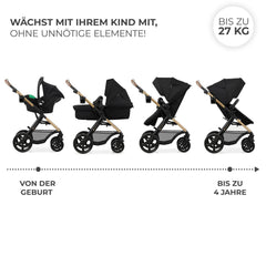 Kinderkraft MOOV2 AIR Kinderwagen 3 in 1 Kinderwagenset bis 26 kg mit Kindersitz I-SIZE 40-75 cm, Buggy Funktion, Liegeposition verstellbar, Große ausziehbare Verdeck, Aufblasbare Räder, Schwarz
