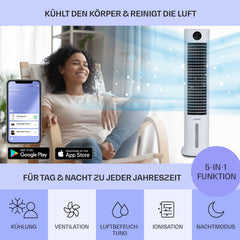 Klarstein Luftkühler mit Wasserkühlung, 5-in-1 Verdunstungskühler, Luftbefeuchter, Ventilator & Luftreiniger, Mobile Klimageräte Luftkühler mit App-Steuerung, 80W Air Cooler, 462m³/h Luftstrom, Weiß