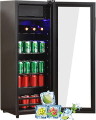 Merax Kühlschrank 128L, Freistehend Getränkekühler mit 120L-Kühlschrank + 8L-Gefrierschrank, mit LED-Innenbeleuchtung und Verstellbare Einlegeböden, Superleise für Restaurant, Bar, Getränke und Bier