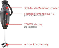 ESGE Zauberstab M 200 BBQ 98215 Stabmixer schwarz, Pürierstab, Handmixer, Profi, inkl. Zubehör, bis zu 17.000 U/Min, 200 Watt, Ergonomisches Griffdesign, Twinschalter, Aufsteckzentrierung, AC-Motor
