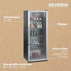 SEVERIN Flaschenkühlschrank, mit integriertem Schloss und integrierter LED-Beleuchtung, 118 L Nutzinhalt, schwarz/silber, FSK 8840