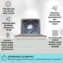 Klarstein ia Mini Geschirrspüler, Spülmaschine mit Platz für 2 Maßgedecke, 6 Programme, 5 L Wasser benötigt, LED-Display, Touch, Tischgeschirrspüler inkl. Zubehör, schwarz