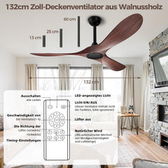 Biukis 152 cm Deckenventilator mit Fernbedienung, 6 Geschwindigkeitsstufen, reversibler DC-Motor für ganzjährige Nutzung, geeignet für Außenbereich, Garten, Wohnzimmer, Schlafzimmer – Walnuss