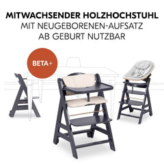 hauck Hochstuhl Beta+ Newborn Set Eco Bouncer - mitwachsender Holz Babyhochstuhl ab Geburt, inkl. Neugeborenenaufsatz, Sitzpolster und Essbrett - Dark Grey