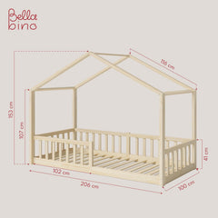 Bellabino Kinderbett Bia 140x200 cm, Hausbett Kinder inkl. Rausfallschutz und Rolllattenrost, Montessori Bodenbett weiß aus Massivholz Kiefer