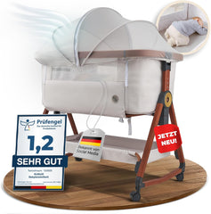 KUNU neues Baby-Beistellbett - Von Eltern für Eltern - Skandinavisches Design - Rollbar & Wiegefunktion - Höhenverstellbar - Babyoptimierte Matratze - inkl. Reisetasche