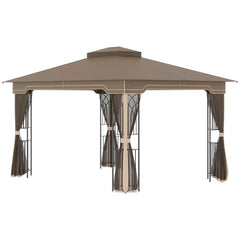 Outsunny Gartenpavillon 3,65 × 3 m mit Doppeldach & Moskitonetz – Braun/Beige