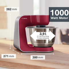 Bosch Küchenmaschine Serie 4 MUM58720,Edelstahl-Schüssel 3,9 L, Mixer 1,25 L, Planetenrührwerk,Knethaken,Schlag,Rührbesen, Durchlaufschnitzler, 3 Scheiben, 1000 W, Dunkelrot/Silber