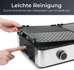 KLAMER Elektrogrill, antihaftbeschichtete und abnehmbare Duo-Platten, separate Temperatureinstellung, 5 Grillstufen, mit Wind-/ Spritzschutz & Auffangschale