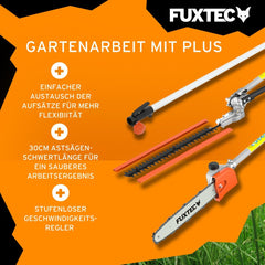 FUXTEC Benzin Motorsense FX-MT152E 5in1 Multitool, 52 cc, Profi-Tragegurt und inkl. 1m Verlängerung 3 PS Kombigerät Heckenschere Hochentaster Kombisystem Freischneider fs 2-Takt Test Oberklasse 1,4