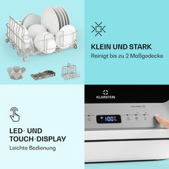 Klarstein ia Mini Geschirrspüler, Spülmaschine mit Platz für 2 Maßgedecke, 6 Programme, 5 L Wasser benötigt, LED-Display, Touch, Tischgeschirrspüler inkl. Zubehör, schwarz