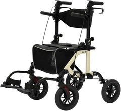 Geländegängiger 2-in-1-Rollator und Transportstuhl, zusammenklappbarer Rollstuhl mit luftlosen 10-Zoll-Rädern für Senioren, umkehrbare Rückenlehne und abnehmbare Fußstützen, blau
