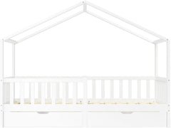 Bellabino Kinderbett Bia 140x200 cm, Hausbett Kinder inkl. Rausfallschutz und Rolllattenrost, Montessori Bodenbett weiß aus Massivholz Kiefer