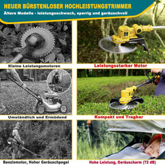 Akku Rasentrimmer mit Akku und Unkrautbürste, Rasentrimmer mit Akku mit 5 Klingentypen, 21 V Bürstenlose Freischneider Akku, mit 2 Akku 4.0Ah für Garden Trimmen (Grau)