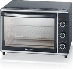 SEVERIN Back- und Toastofen mit Umluftfunktion, Mini Backofen mit Grillrost, Backblech, Drehspie und Pizzastein, vielseitiger Heiluftofen mit 42 L Kapazitt, 1.800 W, schwarz, TO 2058