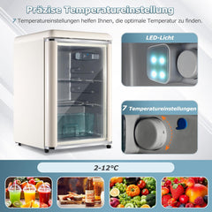 Merax Kühlschrank 128L, Freistehend Getränkekühler mit 120L-Kühlschrank + 8L-Gefrierschrank, mit LED-Innenbeleuchtung und Verstellbare Einlegeböden, Superleise für Restaurant, Bar, Getränke und Bier