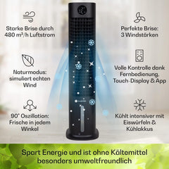 Klarstein Luftkühler mit Wasserkühlung, 5-in-1 Verdunstungskühler, Luftbefeuchter, Ventilator & Luftreiniger, Mobile Klimageräte Luftkühler mit App-Steuerung, 80W Air Cooler, 462m³/h Luftstrom, Weiß