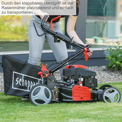 Scheppach MS150-46E Benzin Rasenmäher mit E-Start | 46cm Schnittbreite | Reinigungsfunktion | 55 Liter Fangkorb | Stahlgehäuse | 7-stufige Höhenverstellung | Mulchfunktion | Radantrieb | Seitenauswurf