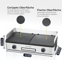 KLAMER Elektrogrill, antihaftbeschichtete und abnehmbare Duo-Platten, separate Temperatureinstellung, 5 Grillstufen, mit Wind-/ Spritzschutz & Auffangschale
