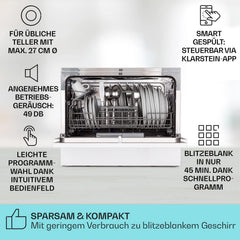 Klarstein ia 8 - Spülmaschine, Geschirrspüler, Freistehend, Teilintegriert, F, 55 cm breit, 8 Maßgedecke, 6 Programme, Aquastop, silber