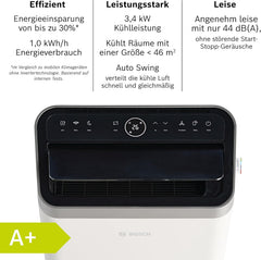 Bosch Cool 4000 Mobiles Klimagerät - 3-in-1: Klimagerät, Luftentfeuchter, Ventilator - 2,6 kW für Räume bis zu 35m² - Mit Auto-Modus, Silent-Modus & Sleep-Modus