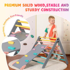Dreieck-Set mit Kissen, 5-in-1 Montessori-Kletterset, faltbar, Kletter-Indoor-Spielplatz-Set für Kleinkinder, Holz-Kletterspielzeug mit Rampe und Kletterbogen für Kinder (Holzfarbe)