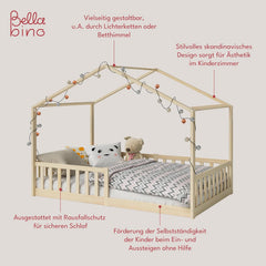 Bellabino Kinderbett Bia 140x200 cm, Hausbett Kinder inkl. Rausfallschutz und Rolllattenrost, Montessori Bodenbett weiß aus Massivholz Kiefer