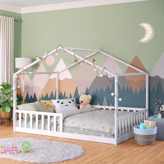 Bellabino Kinderbett Bia 140x200 cm, Hausbett Kinder inkl. Rausfallschutz und Rolllattenrost, Montessori Bodenbett weiß aus Massivholz Kiefer